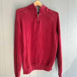 vintage Lands' End Drifter Sweater cotton 90s y2k red zip mock‎ neck 1/4 zip L